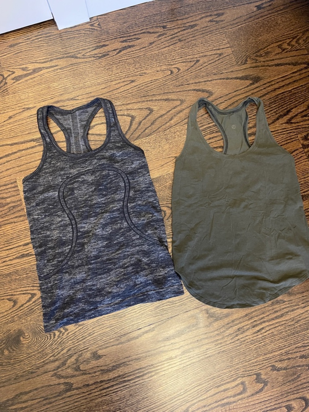 lululemon athletica Two Women’s Racerback Tanks — Olive Green & Heather Charcoal